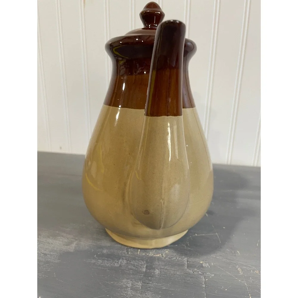 Vintage Two Tone Brown Tan Ceramic‎ Teapot Coffee Server Stoneware with Lid 9in